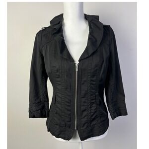 White House Black Market Romantic‎ Jacket Ruffle Collar 3/4 Sleeve Black Size 6